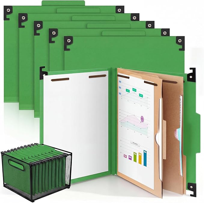 Henoyso 10 Pcs Hanging Classification Folders,2 Pocket Dividers,Green | Letter Size, Hanging File Folders with 2 Pockets, 3" Expansion, 6 Prong Fasteners, 1/3 Tab Cut, 6 Sections, Pressboard Manila by Henoyso