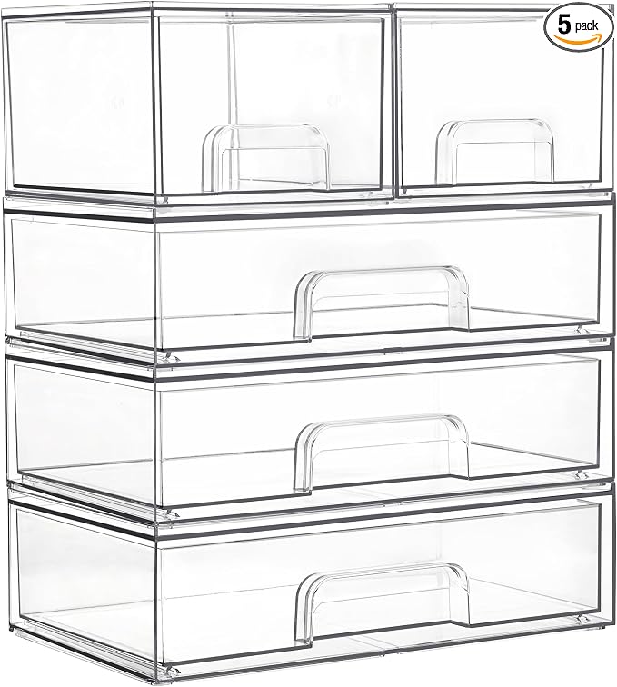 Vtopmart Clear Stackable Storage Drawers Set of 5, Plastic Organizer Bins for Makeup, Cosmetics, Beauty Supplies,Ideal for Vanity, Bathroom,Cabinet,Pantry Organization by Vtopmart