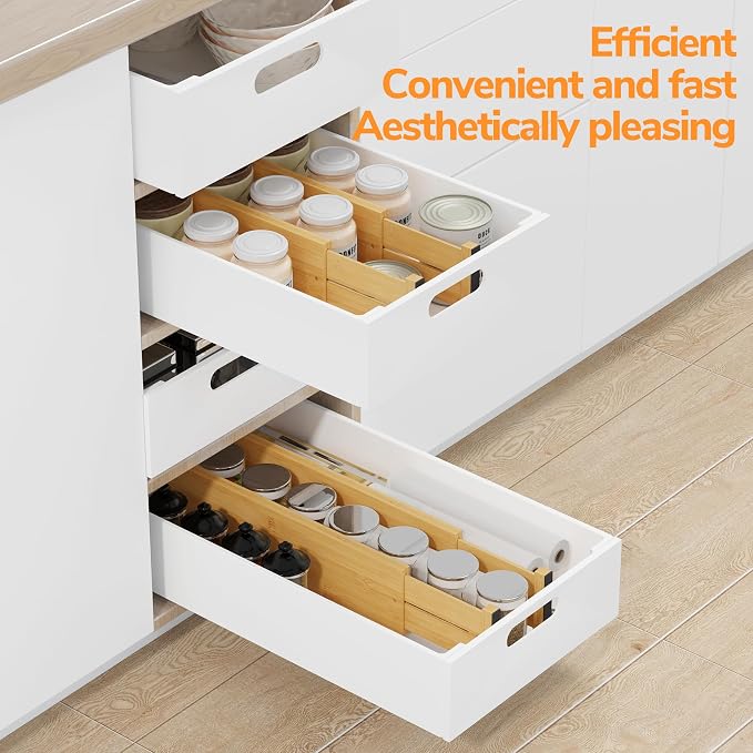 BAMEOS Bamboo Expandable Drawer Dividers – Fits 16.65"–22" Drawers, 4" Extra Deep Walls, Set of 4 | Maximum-Height Spring-Loaded Organizer for Deep Kitchen, Bathroom & Dresser Drawers - Image 6