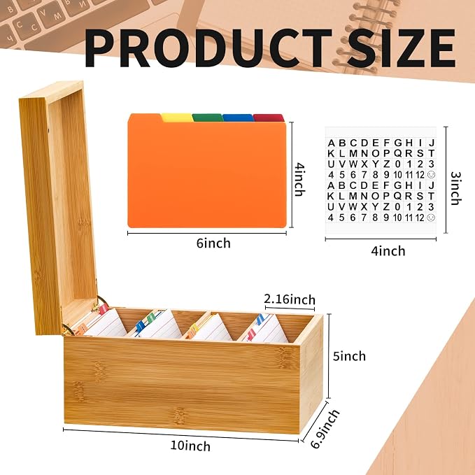 4 x 6 Inch Index Card Holder Set, Bamboo Organizer Box with 50 Dividers & 2 Sheets Alphabet Number Stickers File Note Holders, Holds 1200 Cards for Office Business Home Kitchen, Wooden Color - Image 2