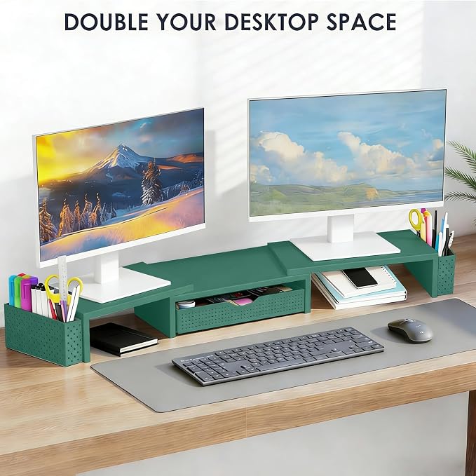 Spacrea Metal Desk Organizers and Accessories, Dual Monitor Stand Riser with Drawer and 2 Pen Holders, Desk Accessories & Workspace Desktop Organizers for Office Supplies (Dark Gree) - Image 4