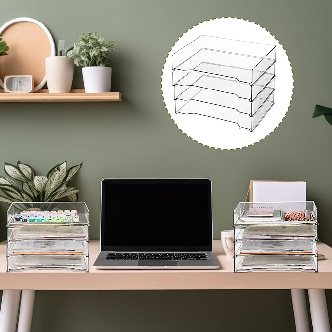 DoubleFill 4 Pcs Stackable Letter Tray Rectangular Plastic Desk Organizer 13 x 9.5 x 2.6 in Paper Holder File Tray Accessories Rack for Desktop Office Desk Drawers (Clear) - Image 6