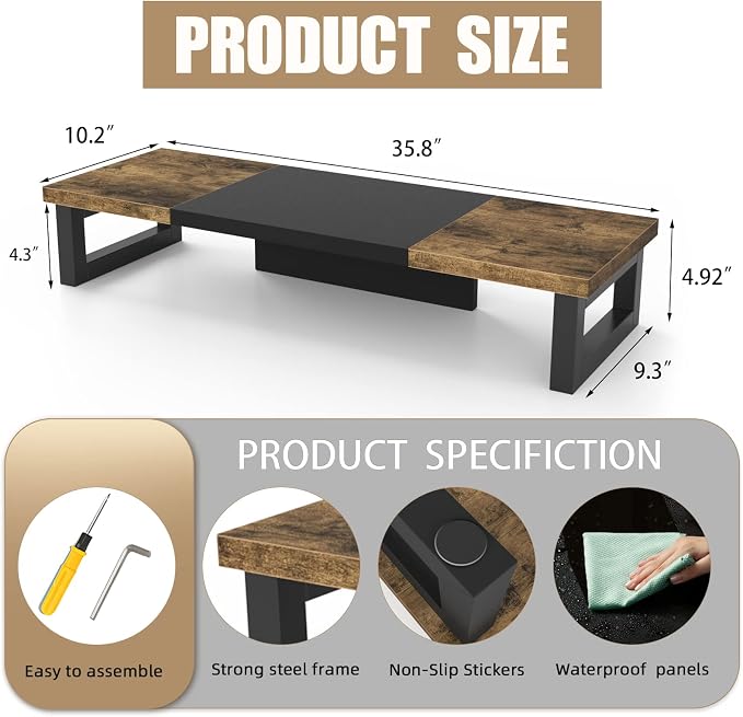 WESTREE Dual Monitor Stand Riser, Wood and Steel Multi-Purpose Desktop Storage Stand for 2 Monitors for Computer, Laptop, Printer, TV, Rustic Brown - Image 6