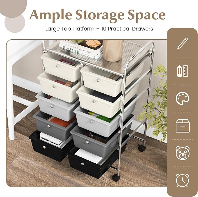 COSTWAY 10 Drawer Rolling Storage Cart, Utility Cart with Lockable Wheels | Mobile Art Supply Craft Organizer with Metal Frame, Multipurpose Drawer Cart for Paper for Office, School, Gray Gradient - Image 4