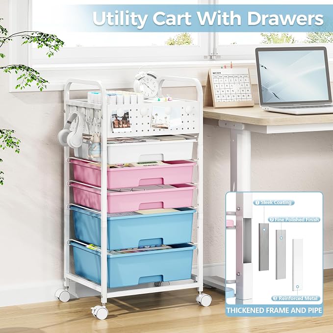 5 Drawer Rolling Storage Cart with Pegboard Top and Hooks, Pink&Blue | Mobile Organizer Cart with Wheels for Office Supplies, Craft Storage, Classroom Organization, Home Utility Cart - Image 6