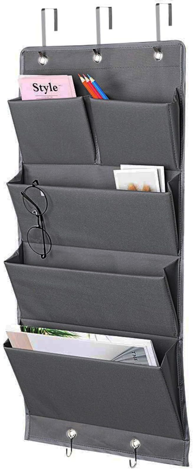5 Pockets Over the Door File Organizer Wall Hanging File for Office Home | Hanging Storage with Hooks, Wall Mount Folders Document Holder for Notebooks, Paper, Mails, Filing, Supplies, Closets (Gray) by ELEpure