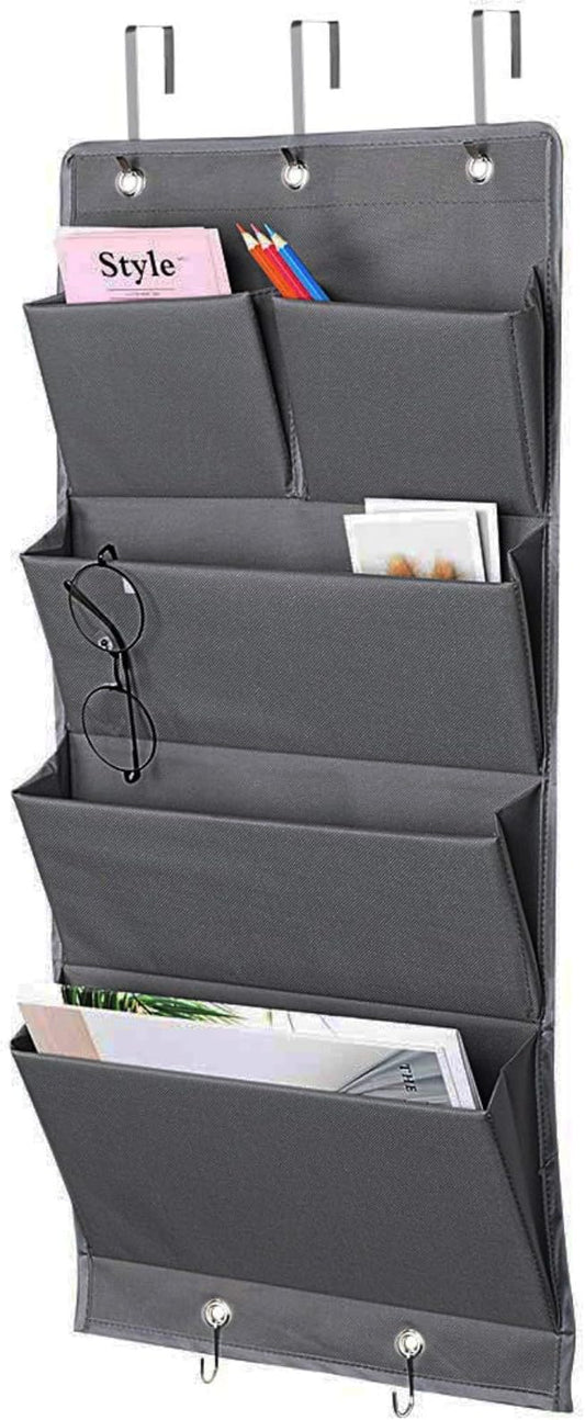 5 Pockets Over the Door File Organizer Wall Hanging File for Office Home | Hanging Storage with Hooks, Wall Mount Folders Document Holder for Notebooks, Paper, Mails, Filing, Supplies, Closets (Gray) by ELEpure