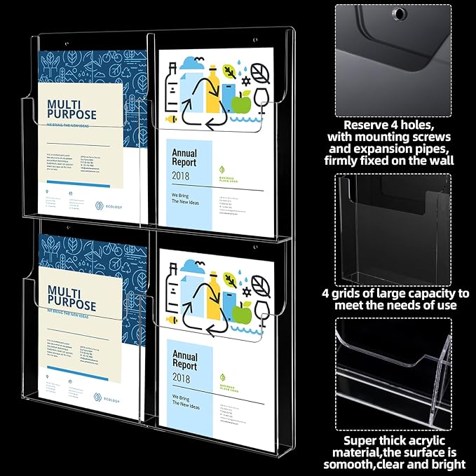 Barydat 4 Pocket Acrylic Brochure Holder Wall Mount 11.8 x 8.78 inches | Clear Pamphlet Holder Plastic Trifold Flyer Rack Magazine Display Stand Wall Hanging Organizer for Office Menu Ads - Image 5