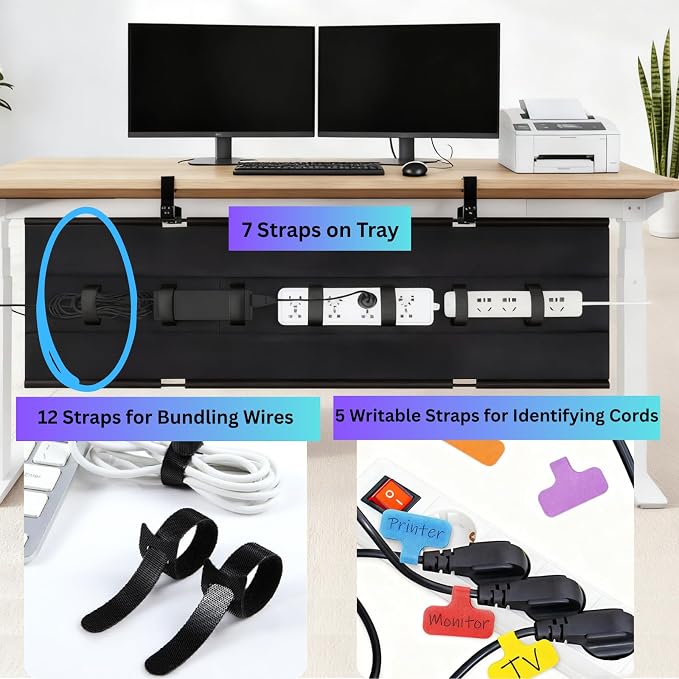Under Desk Cable Management Tray, 36" Large No Drill Cord Organizer with Easy to Clean Oxford Fabric, Clamp On Power Stripe Holder for Home Office & Gaming Space to Hide Wires - Image 4
