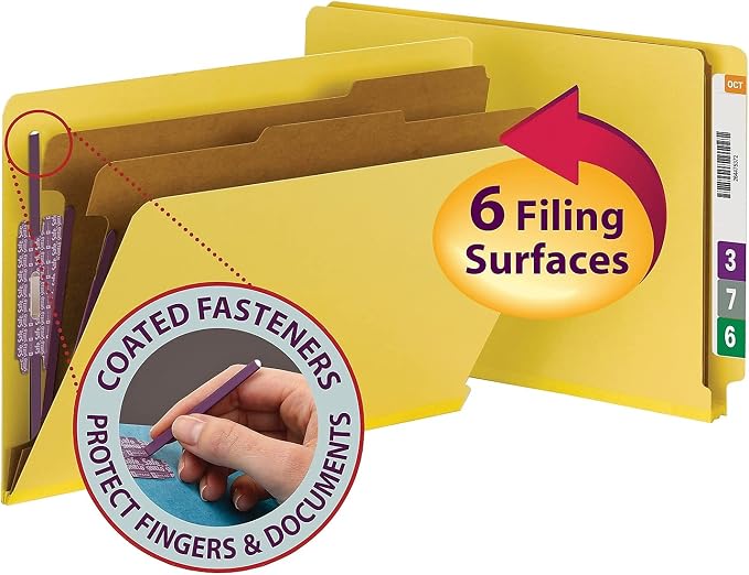 Smead 100% Recycled End Tab Pressboard Classification File Folder with SafeSHIELD Fasteners, 2 Dividers, 2" Expansion, Legal Size, Yellow, 10 per Box (29789) - Image 9