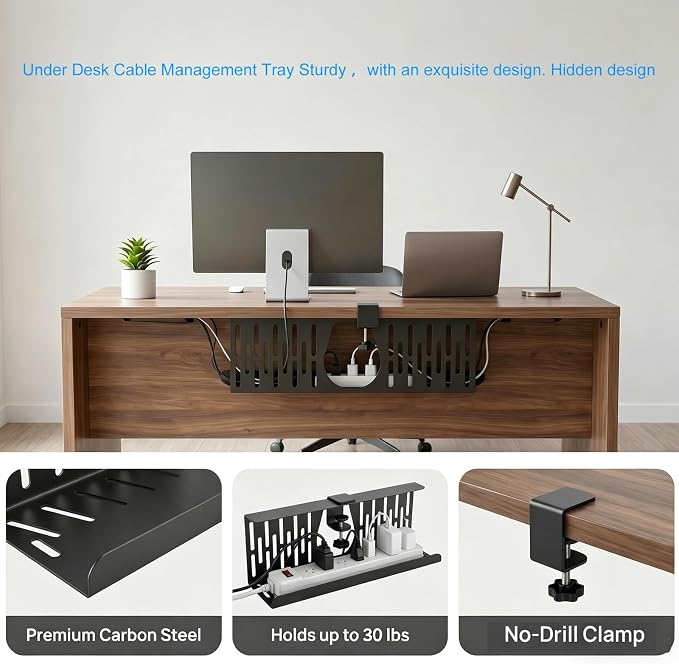 Under Desk Cable Management Tray, Cord Organizer for Desk Cable Management Tray Under Desk with Clamp for Home Office, Standing Desk (2Pack Black) - Image 3