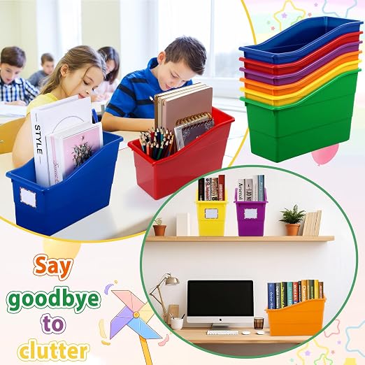 gisgfim 12 Pack Large Book Bins with Labels (Rainbow) | Durable Plastic,Stackable Magazine Organizer,Storage Bins for Classroom,Library,Office,Bookshelf Categorization - Image 5