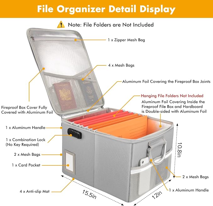 TOMKID 5200°F Fireproof Document Box, Fire Important Document Organizer with Lock, Upgraded Heat Insulated Filing Storage Cabinet Office Organization (5200°F Fireproof Box, Silver) - Image 3