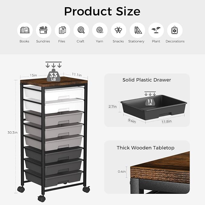 Rolling Cart with 8 Drawers, Plastic Drawer Storage Carts with Wheels & Wooden Tabletop, Metal Utility Cart Organizer for Bedroom Living Room Office Classroom Craft Organization and Storage, Grey - Image 2