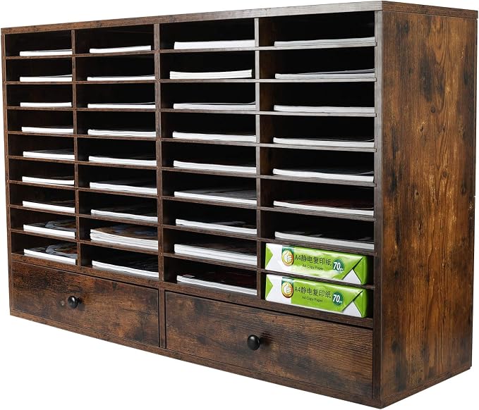 Mail Sorter Organizer, Wood Literature Organizer, Student Mailbox for Classroom, Desktop Bill Paper Organizer for Office Home School, 38 Compartments, Antique Brown by PAG