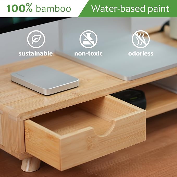Bamboo Monitor Stand Riser with Drawer | Ergonomic Computer Riser for Desk with Cable Management & Storage Organizer, Wood Monitor Stand for Home Office - Image 2