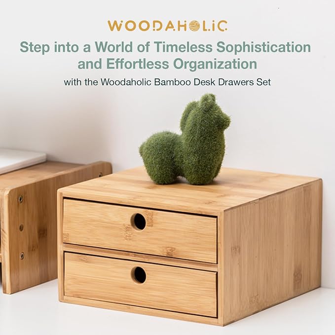 Modular Stackable Set of 3 Bamboo Organizer Desktop Drawers - 1, 2, 3 = 6 Drawers Total Storage Organizer for Desk Accessories, Office Supplies, Makeup Storage - Tabletop Wood Box Stackable Drawers - Image 3