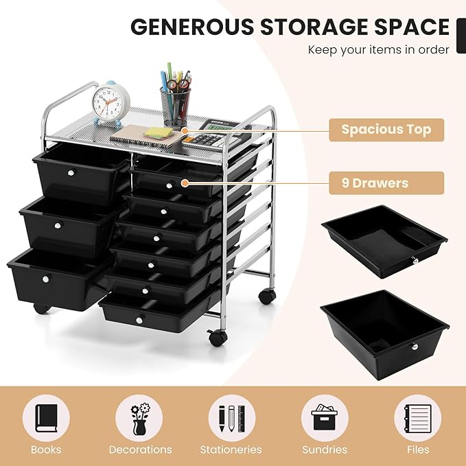 COSTWAY Rolling Storage Cart with 9 Drawer, Utility Cart with Metal Frame | Mobile Art Supply Craft Organizer, Multipurpose Storage Organizer for Paper, Office, School Teacher, Classroom, Black - Image 4