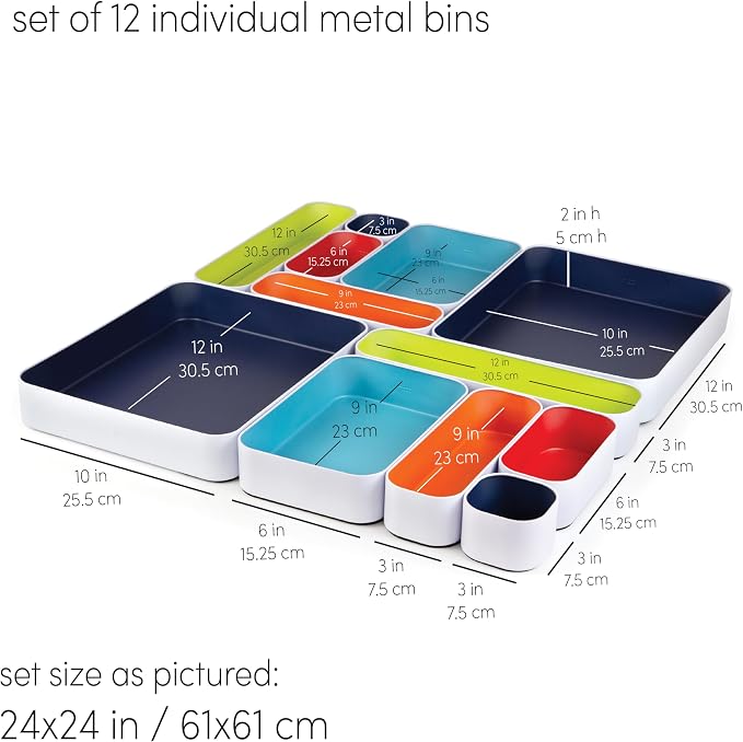 Three by Three Seattle Metal Drawer Organizer Tray Set, 12-Pc, 2" Deep | Deep 2" food-safe metal bins; mix & match to customize any drawer; kitchen, bathroom, office & vanity organization - Image 3