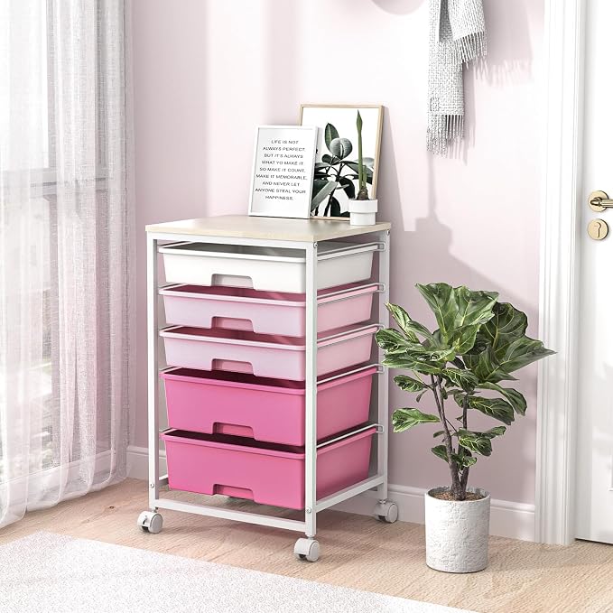 SYKIARIOL Utility Cart with Drawers,5 Drawers Storage Cart,Rose Pink | 5-Tiers Drawer Cart with Wooden Top with Lockable Wheels for Craft Organizers and Storage,Home Office,Classroom,Dorm,Playroom - Image 8
