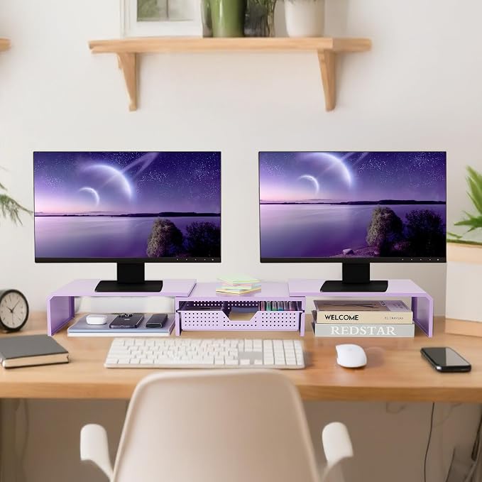 LEKETREE Dual Monitor Stand Riser with Drawer, Desk Organizer and Accessories, Metal Laptop Stand for Desk, Workspace Desktop Stand for Computer, Laptop, TV and More (Purple) - Image 3