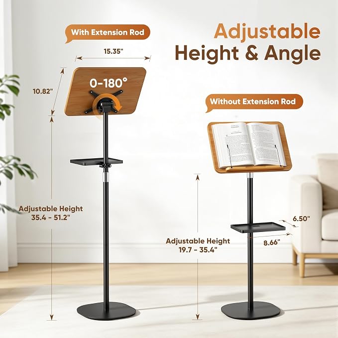 2 in 1 Adjustable Floor Book Stand & Music Stand with Removable Tray, 19.7" to 51.2" Foldable Reading Book Holder with Page Clips for Laptop, Cookbooks, Sheet Music, Wooden Podium Stand for Projector - Image 3