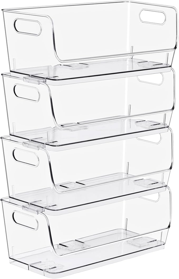 Sorbus Stackable Storage Bins Open Front, Clear Stackable Storage Bins, Pantry Bins for Storage and Organization, Acrylic Stackable Bins for Kitchen, Clear Pantry Organizer Bins (Small Wide 4 Pack) by Sorbus