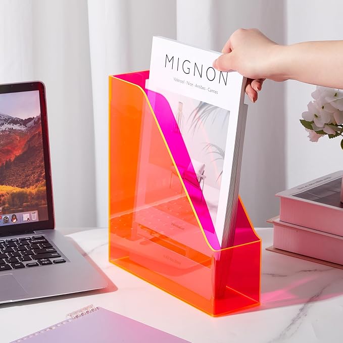 Engrowtic 2 Pcs Fluorescent Powder Vertical Magazine File Holder Acrylic Magazine Holder Storage Organizer Plastic Acrylic Rack for Office Classroom Home Document Paper Book Collection Back to School - Image 6
