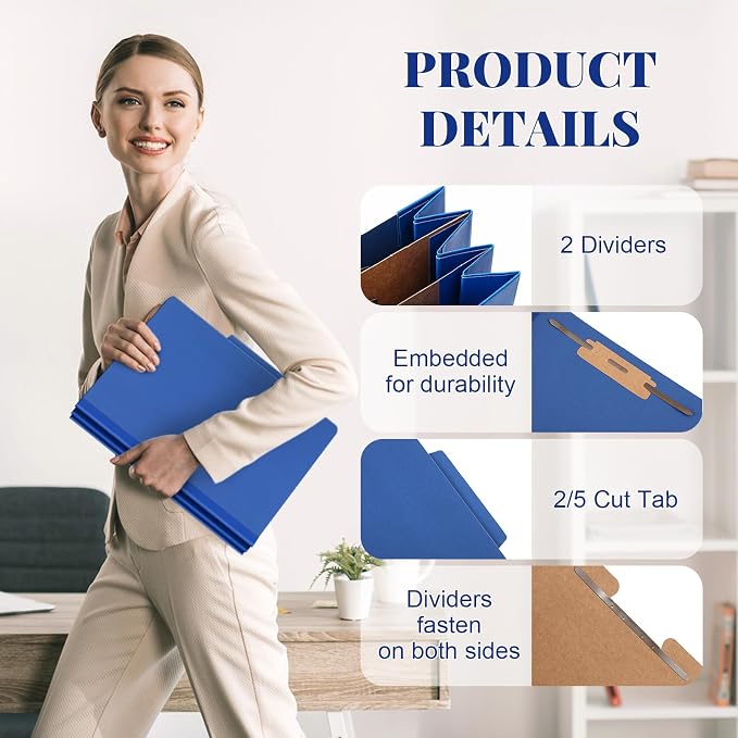Skyygemm 12 Pcs Classification Folders Letter Size Bulk - 2 Dividers Pressboard File Folder with 3.5 Inch Expansion, 2 Prongs Fastener, Heavy Duty Office File Organizer for Teacher Medical (Dark Blue) - Image 3