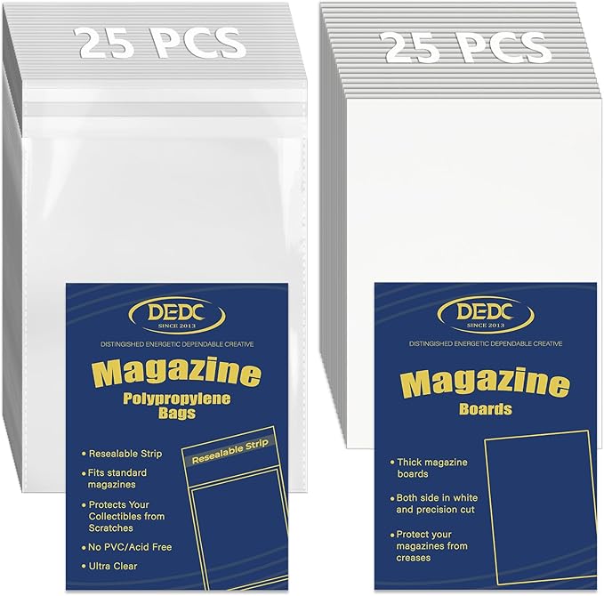 25 Pcs Magazine & Comic Book Protector Sleeves with 25 Backing Boards - Full Archival Set, Acid-Free Plastic Sleeves & Hard Boards for Collectors by DEDC