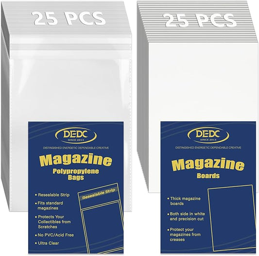 25 Pcs Magazine & Comic Book Protector Sleeves with 25 Backing Boards - Full Archival Set, Acid-Free Plastic Sleeves & Hard Boards for Collectors by DEDC