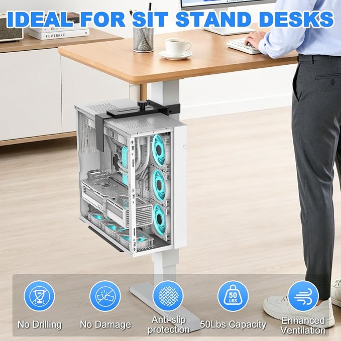 Under Desk PC Mount - Fits 3 Fixed Square Desk Legs, CPU Holder Under Desk | No Drilling 50 lb Capacity, Adjustable Clamp-on Desk Leg PC Mount for Standing Desk, with Non-Slip Pads, Black - Image 2