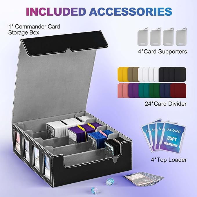 UAONO Trading Card Storage Box with Commander Display, Black Grey | 2400+ Deck Box for MTG with Removable Cover, Top Loaders Card Case Fits Magic TCG PTCG Sports Cards, 24 Dividers, 4 Stoppers - Image 3