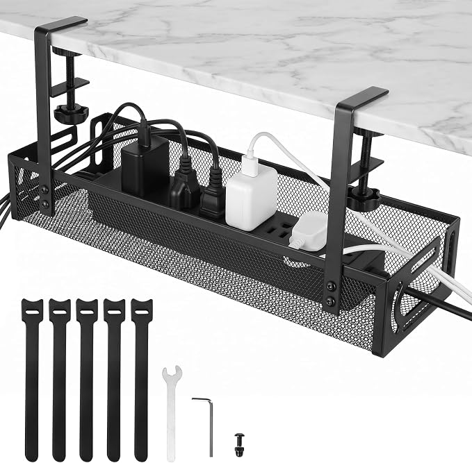 AiQInu Cable Management Desk Under The, Clampable Cable Organiser Tray, Under-Sink Mounting Organiser Made of Carbon Steel, No Drilling, Cable Management for Office, Home - Image 4