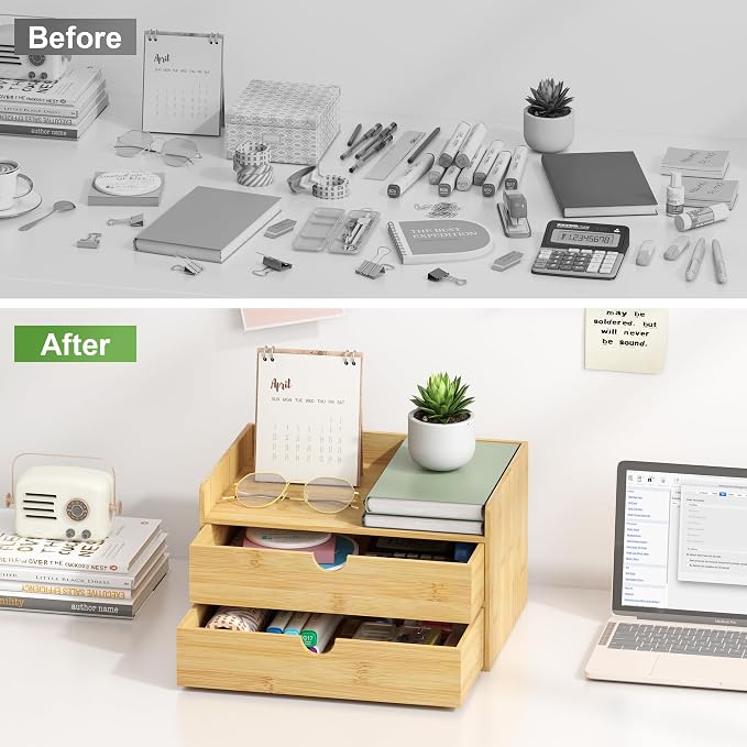 Wisuce Bamboo Desk Drawer Organizer, 2 Drawer Desktop Organizer with Drawers Tabletop Storage Organization Box for Office Home Toiletries Supplies Vanity, No Assembly Required - Image 6