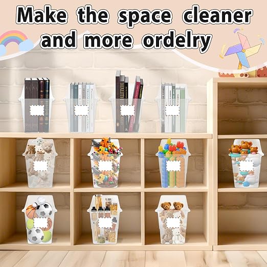 gisgfim 12 Pack Large Book Bins with Labels (Clear) | Durable Plastic,Stackable Magazine Organizer,Storage Bins for Classroom,Library,Office,Bookshelf Categorization - Image 6