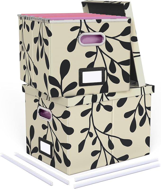 2 Pack File Storage Organizer, Document Organizer, Portable File Box with Lid, Fit for Letter/Legal File Folder Storage,Leaf Black/Cream-Box only by Oterri