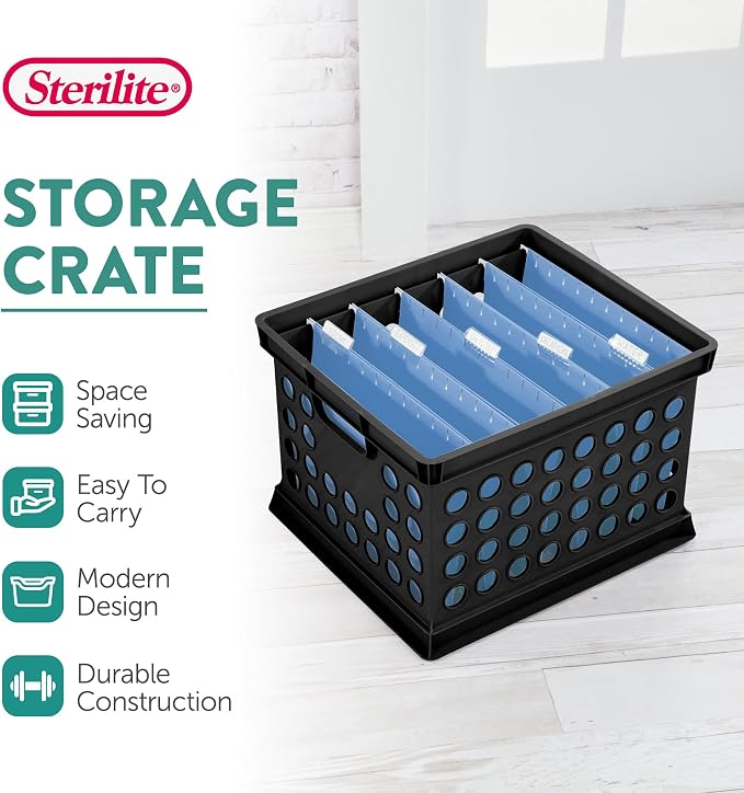 Sterilite Storage Crate Bin File Organizer for Home & Office, Black, 6-Pack | Heavy-Duty and Stackable Plastic Boxes and Containers for Desk, Cabinet, Dorm, Garage, or Utility Organization - Image 2