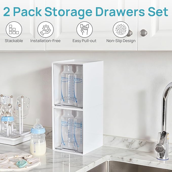 Vtopmart White Stackable Storage Drawers, 2 Pack Tall Organizers | Pull-Out Drawers, Stackable Design for Skincare, Cosmetics, Beauty Supplies, Vanity, Bathroom, Cabinet and Countertop - Image 3