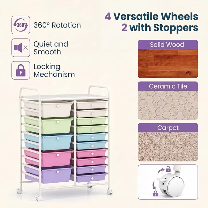GOFLAME 15-Drawer Rolling Storage Cart, Craft Storage Cart with Removable Drawers & Lockable Wheels, Art Cart Supply Storage Organizer for Home Office Classroom, Ice Cream - Image 5