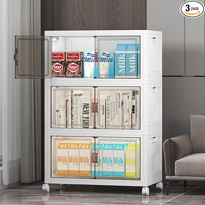 Stackable Storage Bins with Lid, 156QT Plastic Cabinet with Wheels | Large Capacity, Magnetic Door, Stack Lock, Rolling Wheels, Foldable Design, Organizers and Storage for Bedroom Dorm Garage by UAMFURIDirect