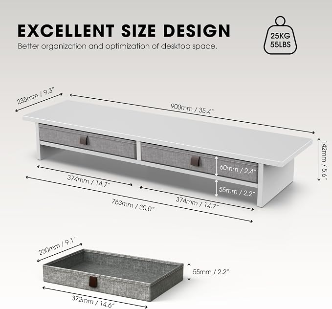 Fenge 35 Inch Monitor Stand with Drawer Storage, Computer Riser for Desk | Wooden Computer Shelf, 2 Tiers, for Dual Monitor/Laptop/PC/TV/Printer up to 55Lbs, Home Office Desk Organizer - Image 5