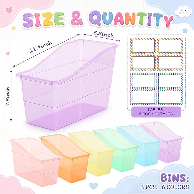 Blosssound 6 Set Book Bins for Classroom with Label Sticker Book Box Baskets Plastic Stackable Organizing Bins Storage & Organization for Classroom Library Home School Supplies (Translucent Pastel) - Image 2