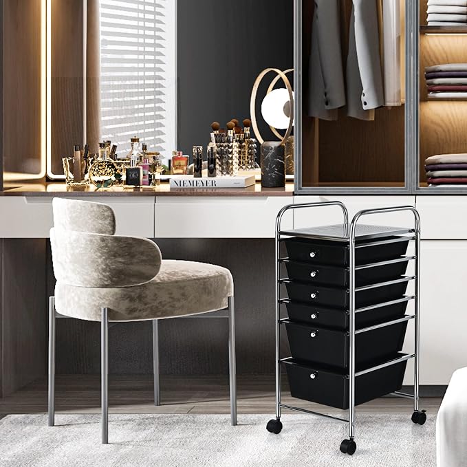 COSTWAY 6-Drawer Rolling Storage Cart, Art Craft Tools Organizer on Wheels | Multifunctional Heavy Duty Utility Mobile Storage Trolley w/ 2 Lockable Wheels for Home Office School (Black) - Image 9