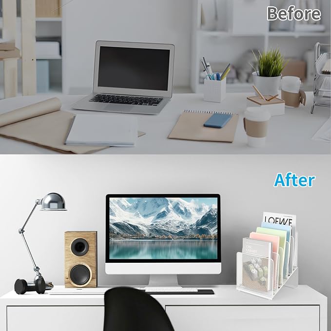 LEKETREE File Organizer for Desk, Desk Organizer with 5-Section Vertical File Rack, File Folder Organizer, Desk Accessories & Workspace Organizers(White) - Image 3