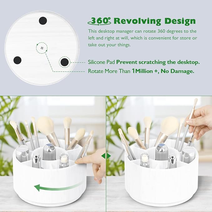 Bamboo Rotating Round Art Supply Organizer, Pencil Holder Desk Organizer | with 7 Compartments, Office Supplies Desktop Storage Caddy for Colored Pencils(white) - Image 3