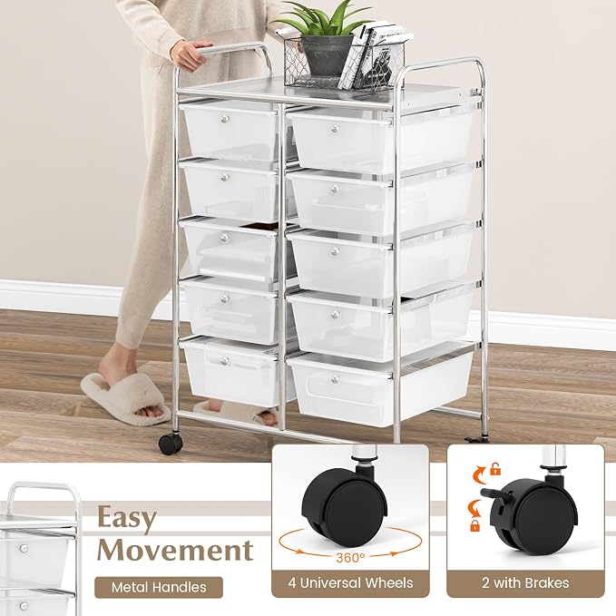 COSTWAY 10 Drawer Rolling Storage Cart, Utility Cart with Lockable Wheels | Mobile Art Supply Craft Organizer with Metal Frame, Multipurpose Drawer Cart for Paper for Office, School, Transparent - Image 5