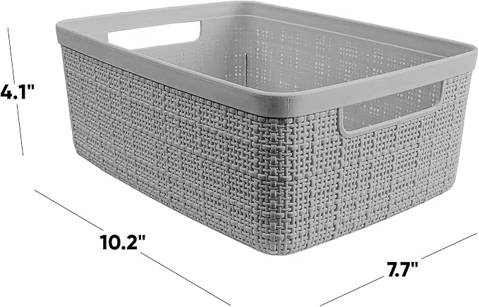 Curver Set of 8 Small 4.5L Jute Decorative Plastic Organization and Storage Baskets - Perfect Bins for Home Office, Closet Shelves, Kitchen Pantry and All Bedroom Essentials, Grey - Image 2
