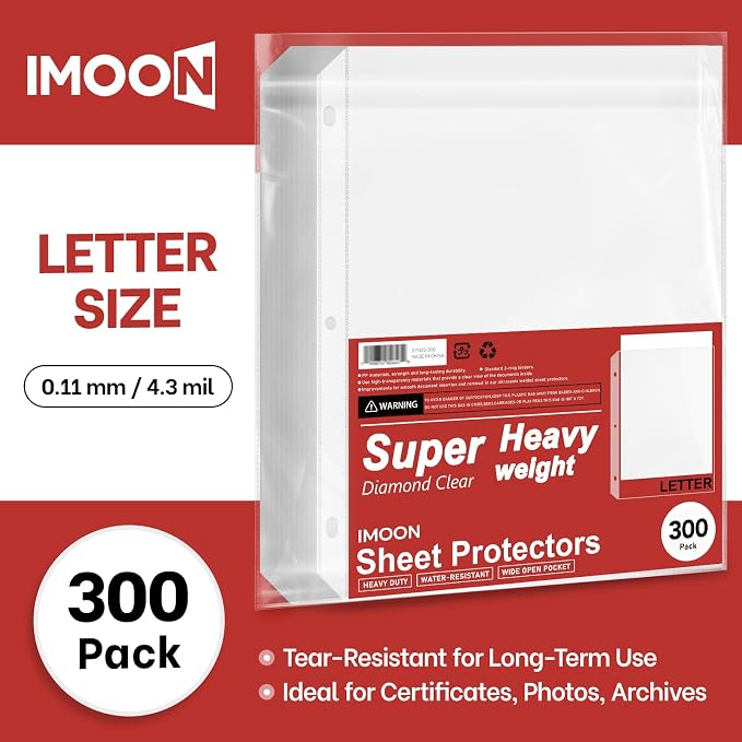 Super Heavyweight 3-Hole Letter Size Sheet Protectors - High Transparency Plastic Heavy Duty Sleeves for 3 Ring Binders, Archival Safe, Durable Page Protectors for Documents, 8.5x11 Inch (300 Pack) - Image 2
