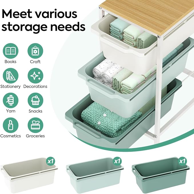KINGBOARD Slim Rolling Cart with 3 Drawers, Metal Utility Storage Cart | Wooden Tabletop, Lockable Wheels, Under Desk Trolley for Bedroom, Children's Room and Office Organization, Green - Image 3